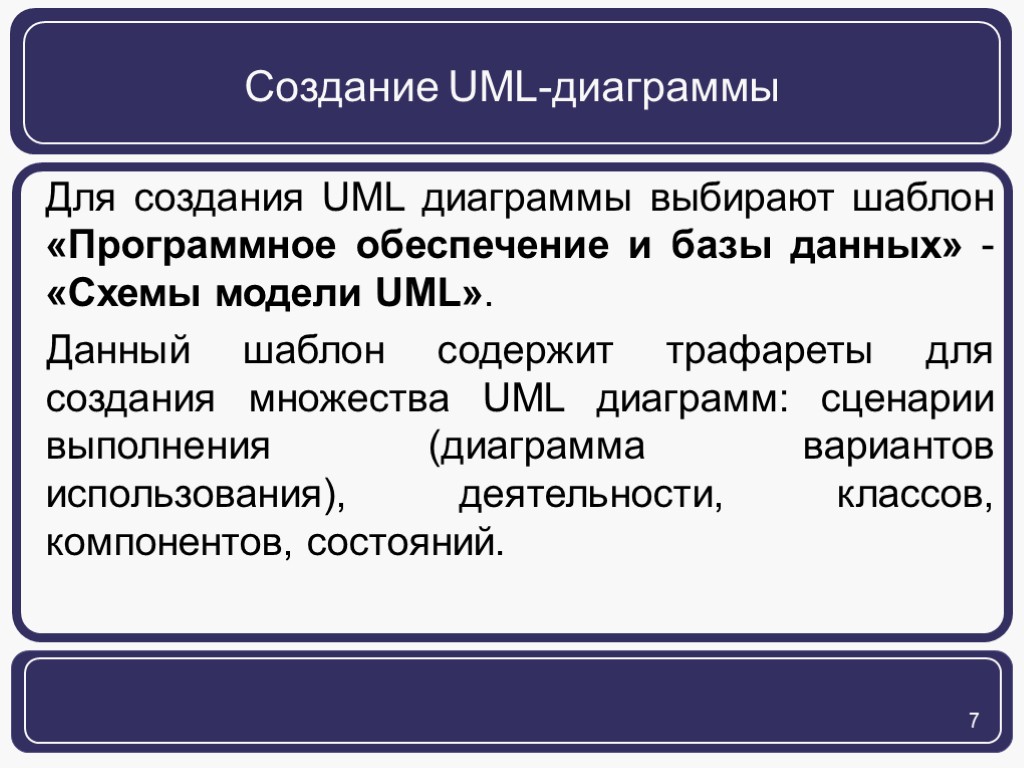 Создание UML-диаграммы Для создания UML диаграммы выбирают шаблон «Программное обеспечение и базы данных» -